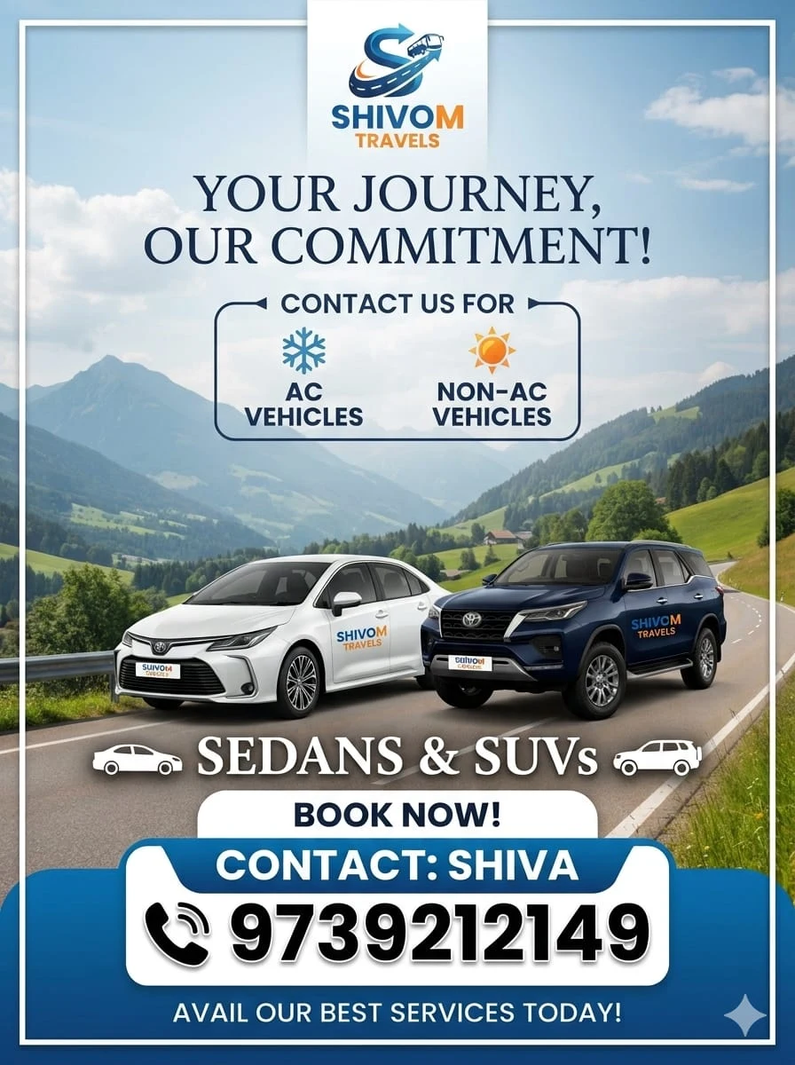 Shivom Travels promotional poster featuring the tagline Your Journey, Our Commitment, AC and non-AC options, sedans and SUVs, and contact Shiva on 9739212149